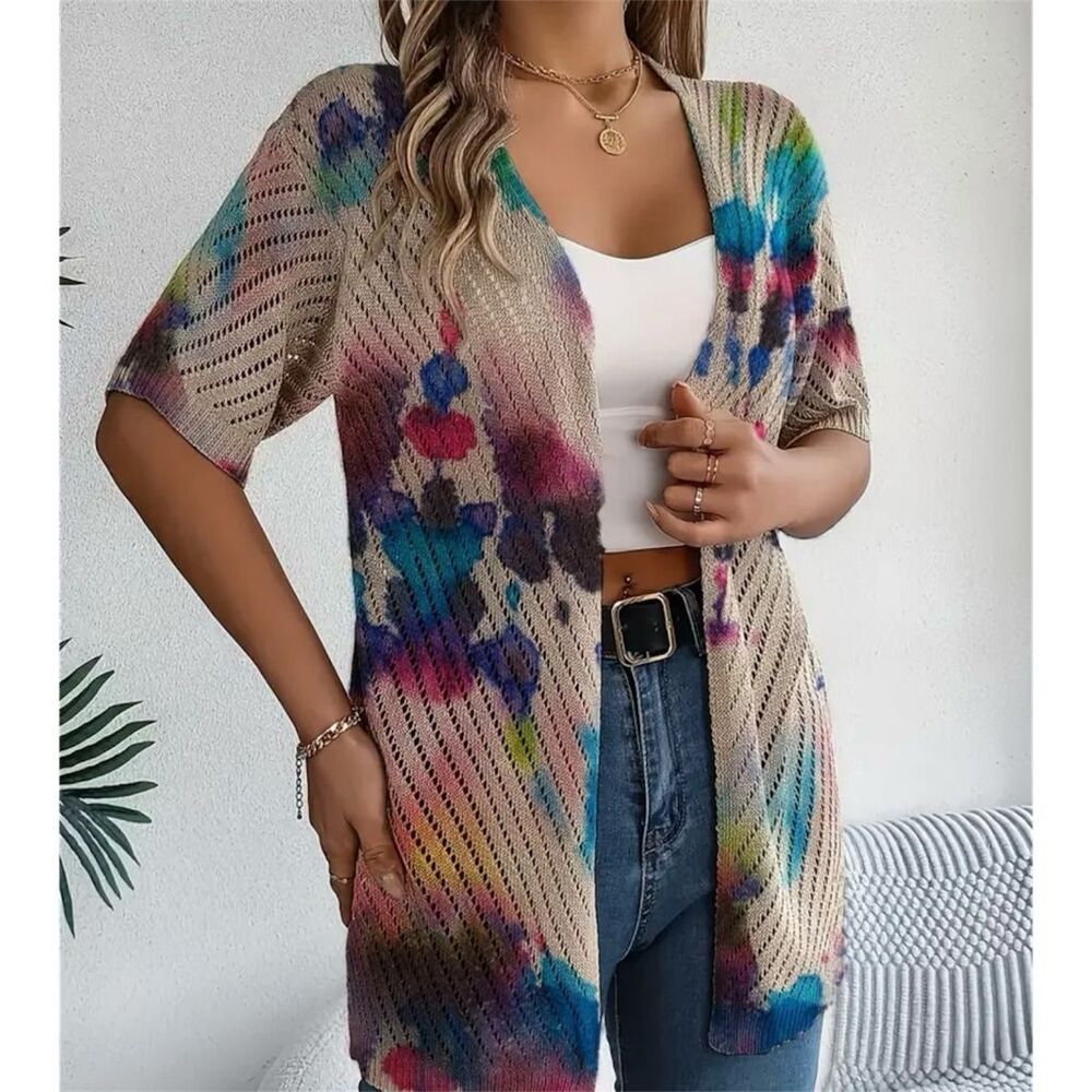 Watercolor Print  Cardigan Open Front